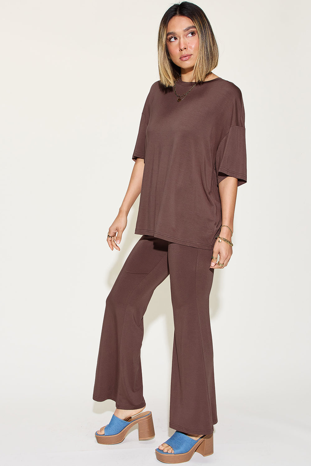 Basic Bae Full Size Bamboo Drop Shoulder T-Shirt and Flare Pants Set Basic Bae Full Size Bamboo Drop Shoulder T-Shirt and Flare Pants Set