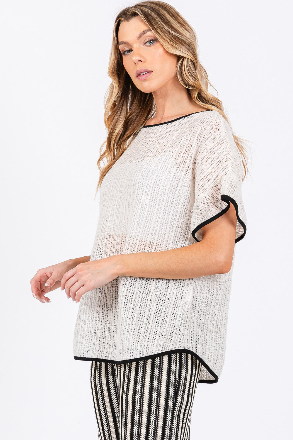 GeeGee Contrast Trim Short Sleeve Knit Cover Up GeeGee Contrast Trim Short Sleeve Knit Cover Up - TopFashionHQ