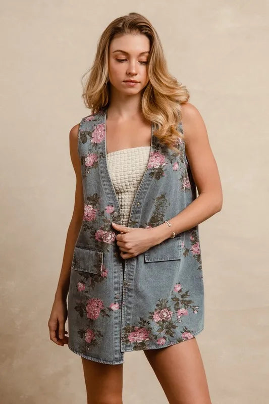 BiBi Floral Print Washed Denim Long Rider Vest d76d38df-037a-4278-b9e9-d10a40d88ad2-Max-Origin