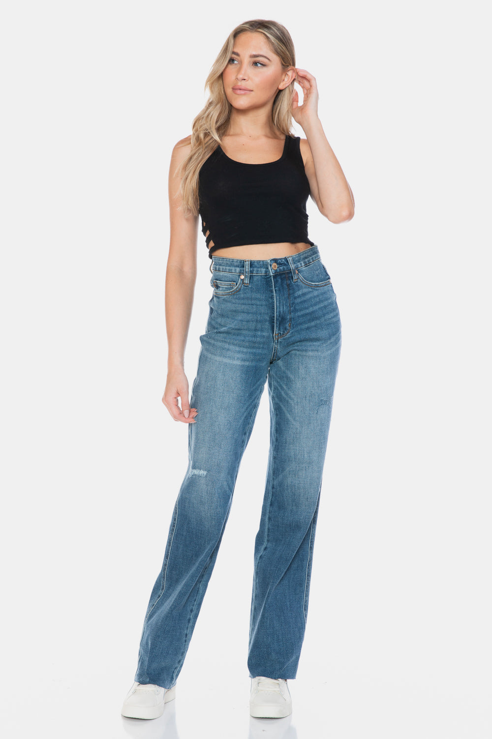 Judy Blue Full Size Tummy Control Cut Raw Hem Straight Jeans Judy Blue Full Size Tummy Control Cut Raw Hem Straight Jeans - TopFashionHQ