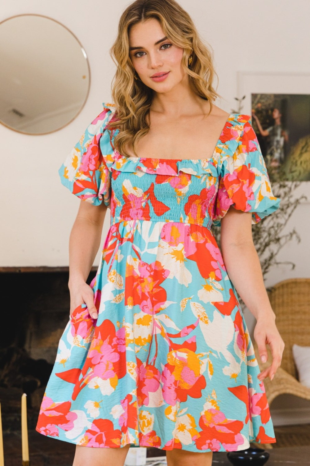 ODDI Printed Smocked Puff Sleeve Mini Dress ODDI Printed Smocked Puff Sleeve Mini Dress - TopFashionHQ