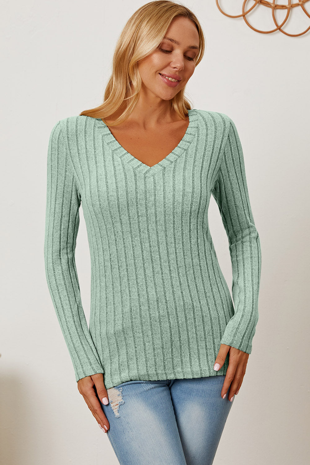 Basic Bae Full Size Ribbed V-Neck Long Sleeve T-Shirt Basic Bae Full Size Ribbed V-Neck Long Sleeve T-Shirt - TopFashionHQ