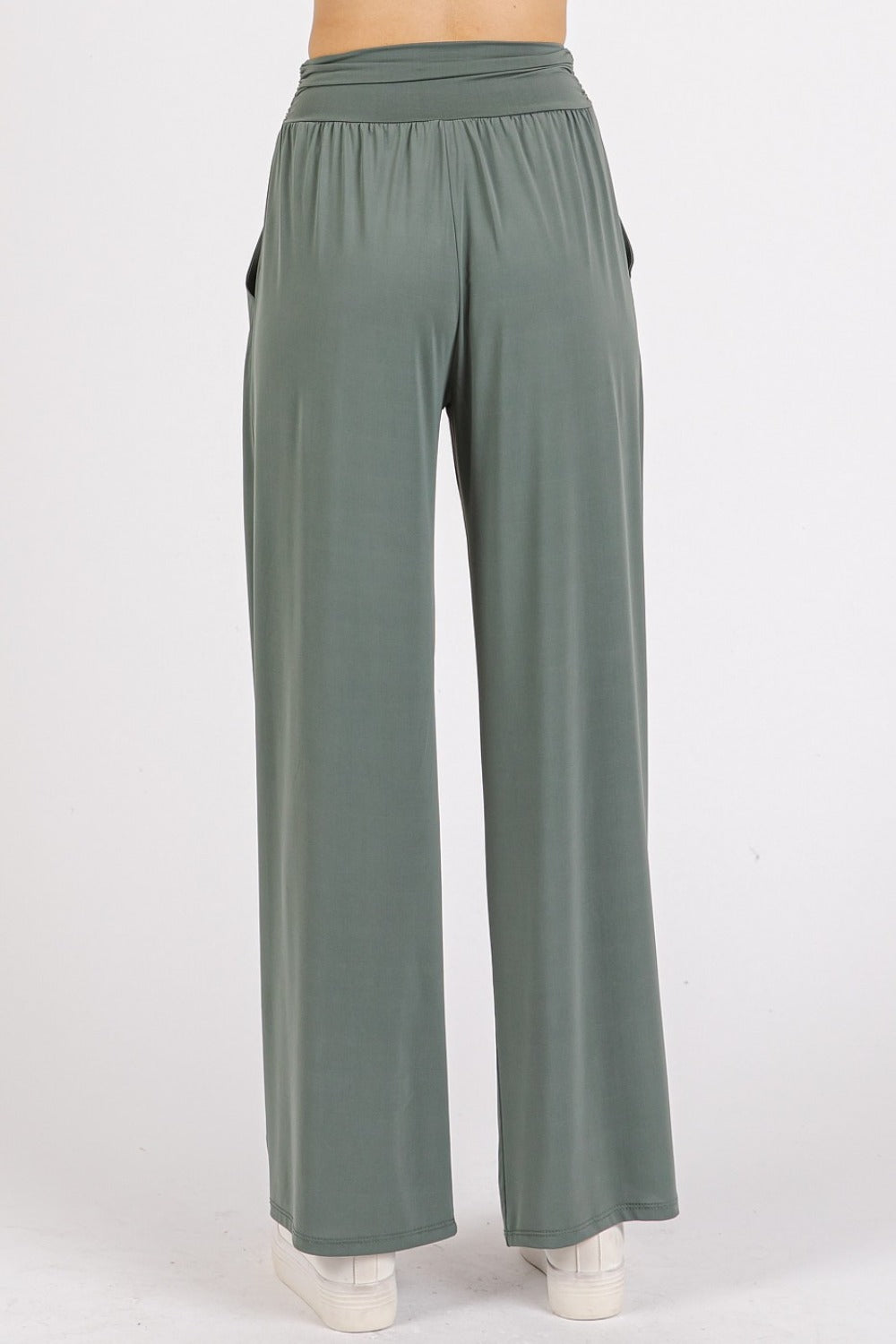 Mittoshop Stretch Banded Waist Wide Leg Pants with Pockets Mittoshop Stretch Banded Waist Wide Leg Pants with Pockets
