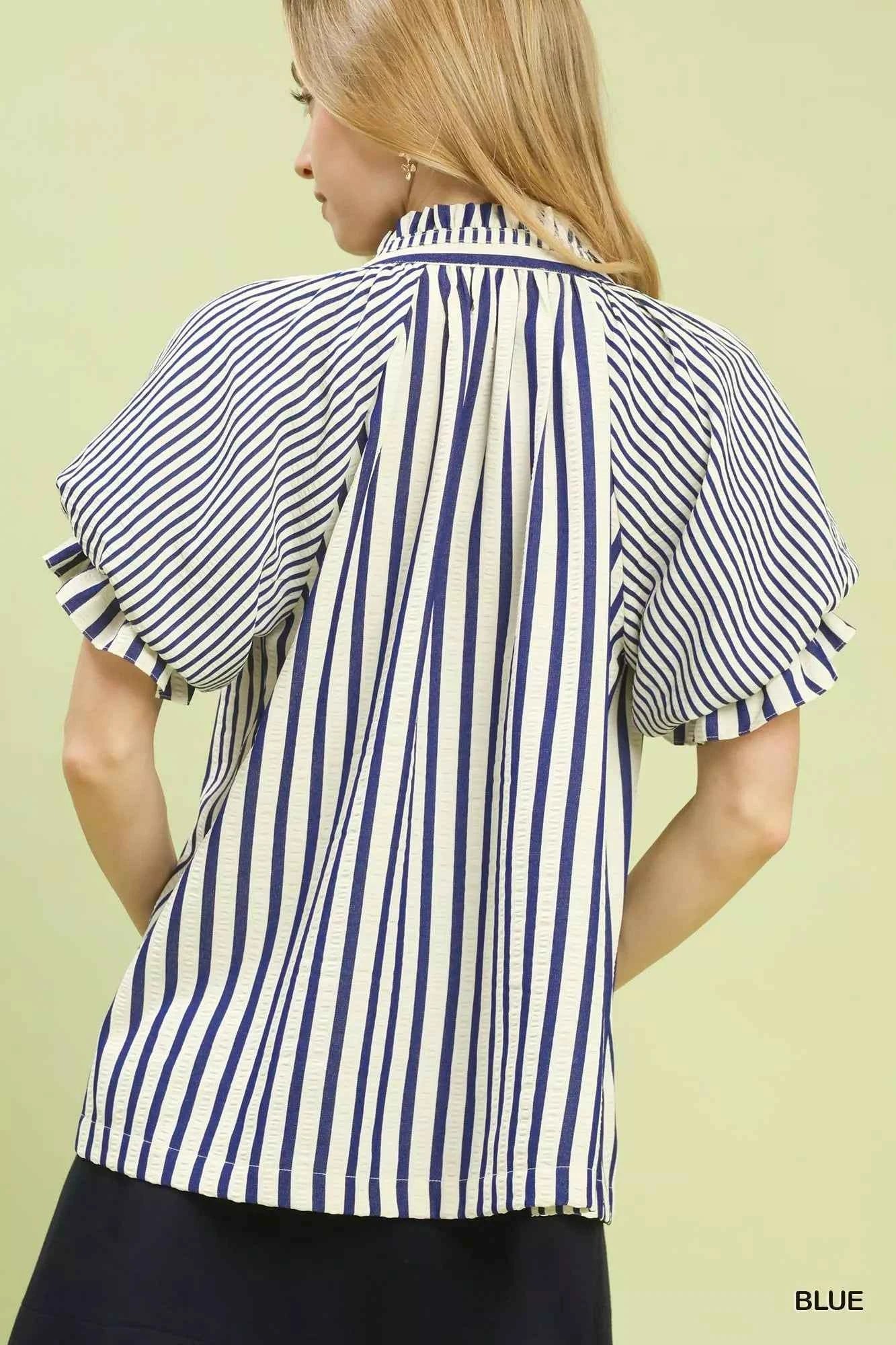 Umgee Striped Notched Top with Short Flutter Sleeves Umgee Striped Notched Top with Short Flutter Sleeves