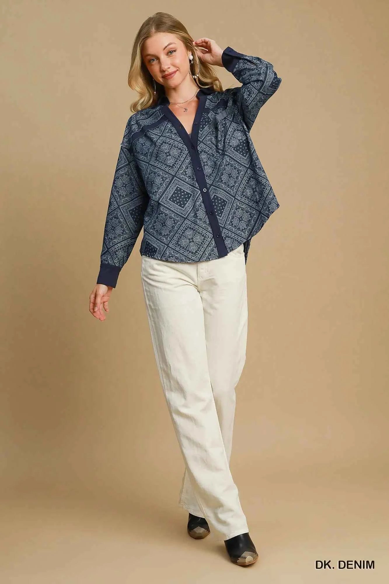 Umgee Paisley Print Denim Shirt Jacket Umgee Paisley Print Denim Shirt Jacket