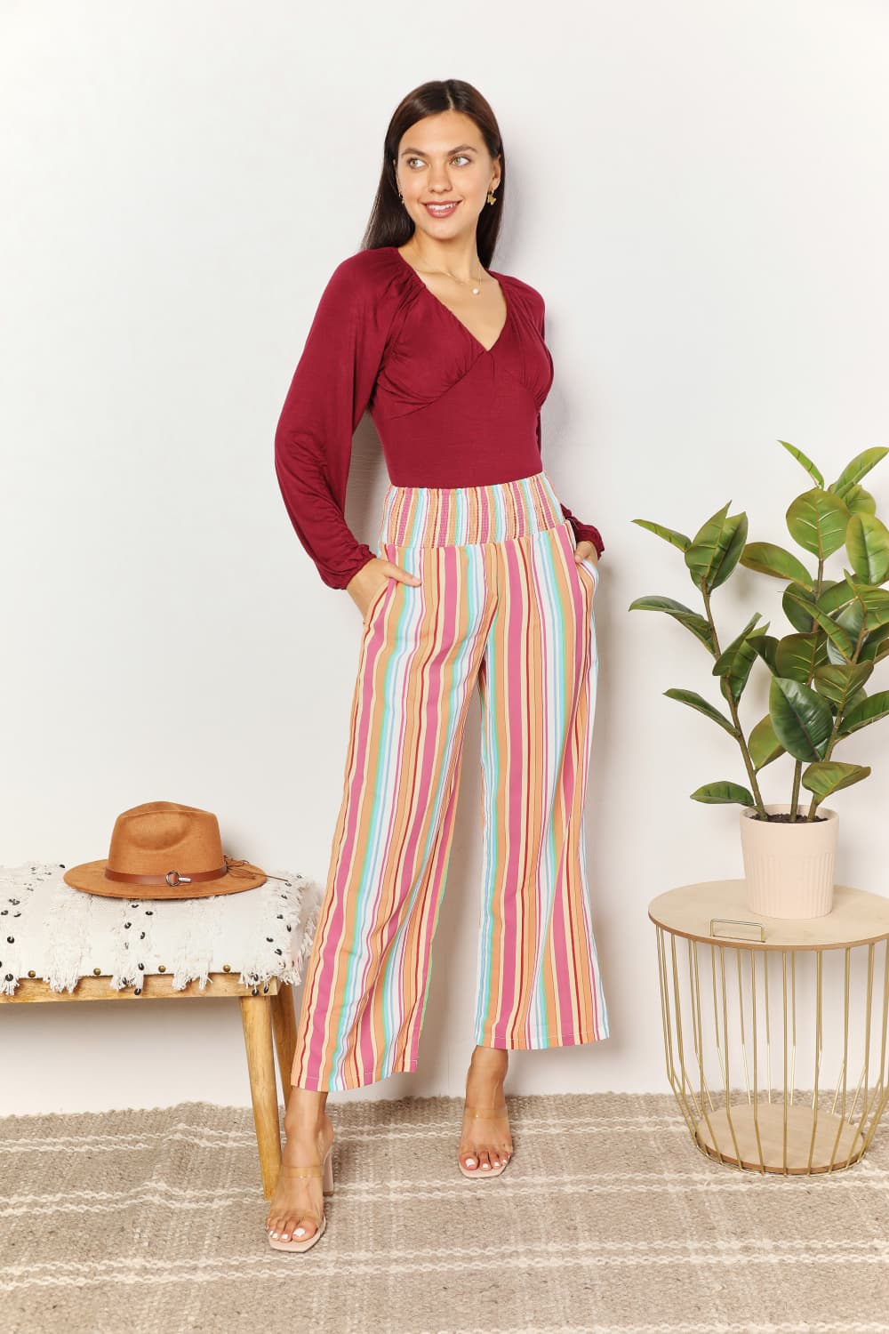 Double Take Striped Smocked Waist Pants with Pockets Double Take Striped Smocked Waist Pants with Pockets - TopFashionHQ