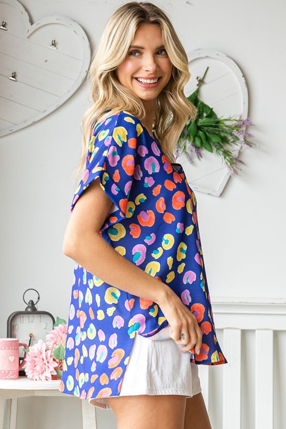 First Love Printed V-Neck Short Sleeve Blouse First Love Printed V-Neck Short Sleeve Blouse - TopFashionHQ