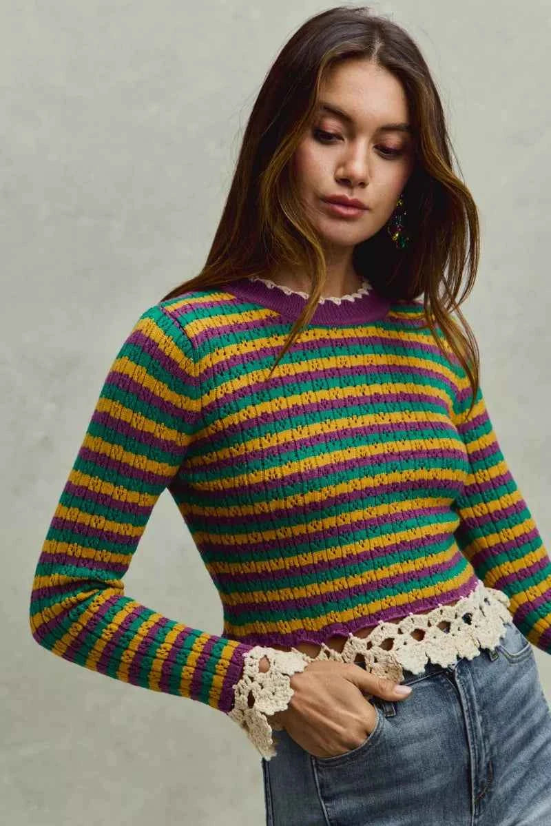 SO ME Mardi Gras Striped Cropped Knit Top with Crochet Edge SO ME Mardi Gras Striped Cropped Knit Top with Crochet Edge