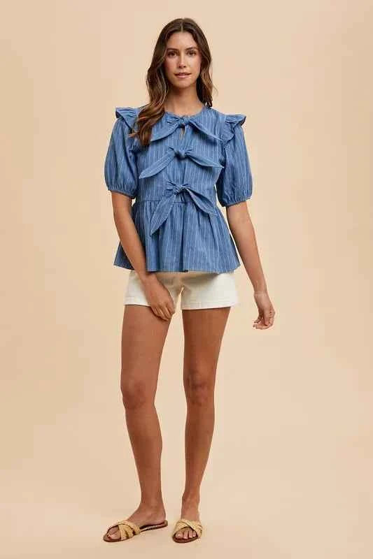 Annie Wear Stripe Front Bow Denim Peplum Blouse Annie Wear Stripe Front Bow Denim Peplum Blouse