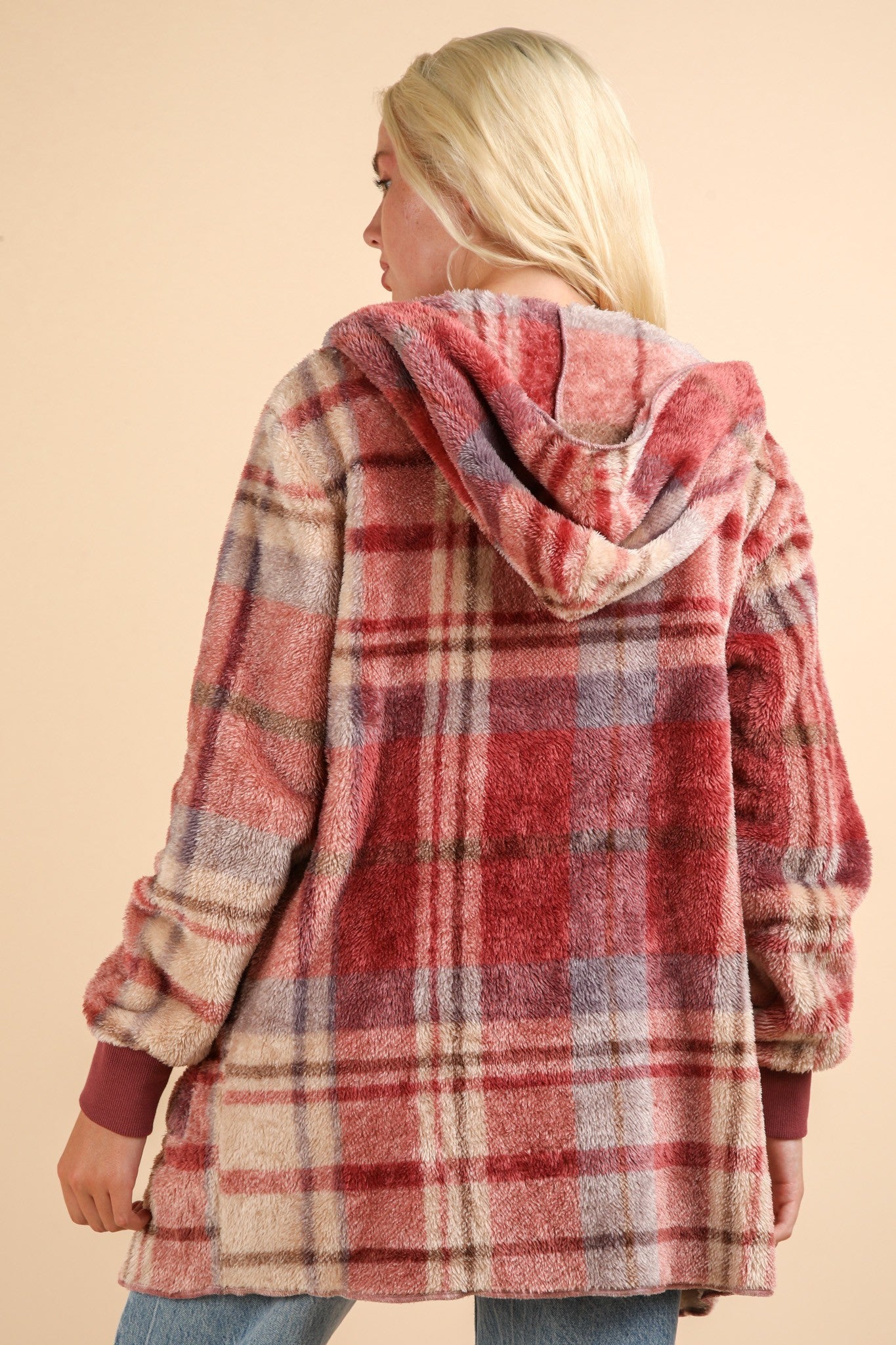 VERY J Fuzzy Plaid Long Sleeve Hooded Jacket VERY J Fuzzy Plaid Long Sleeve Hooded Jacket