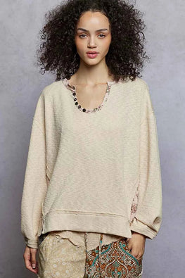 POL Balloon Sleeve Oversized Ribbed Top with Floral Pattern Contrast