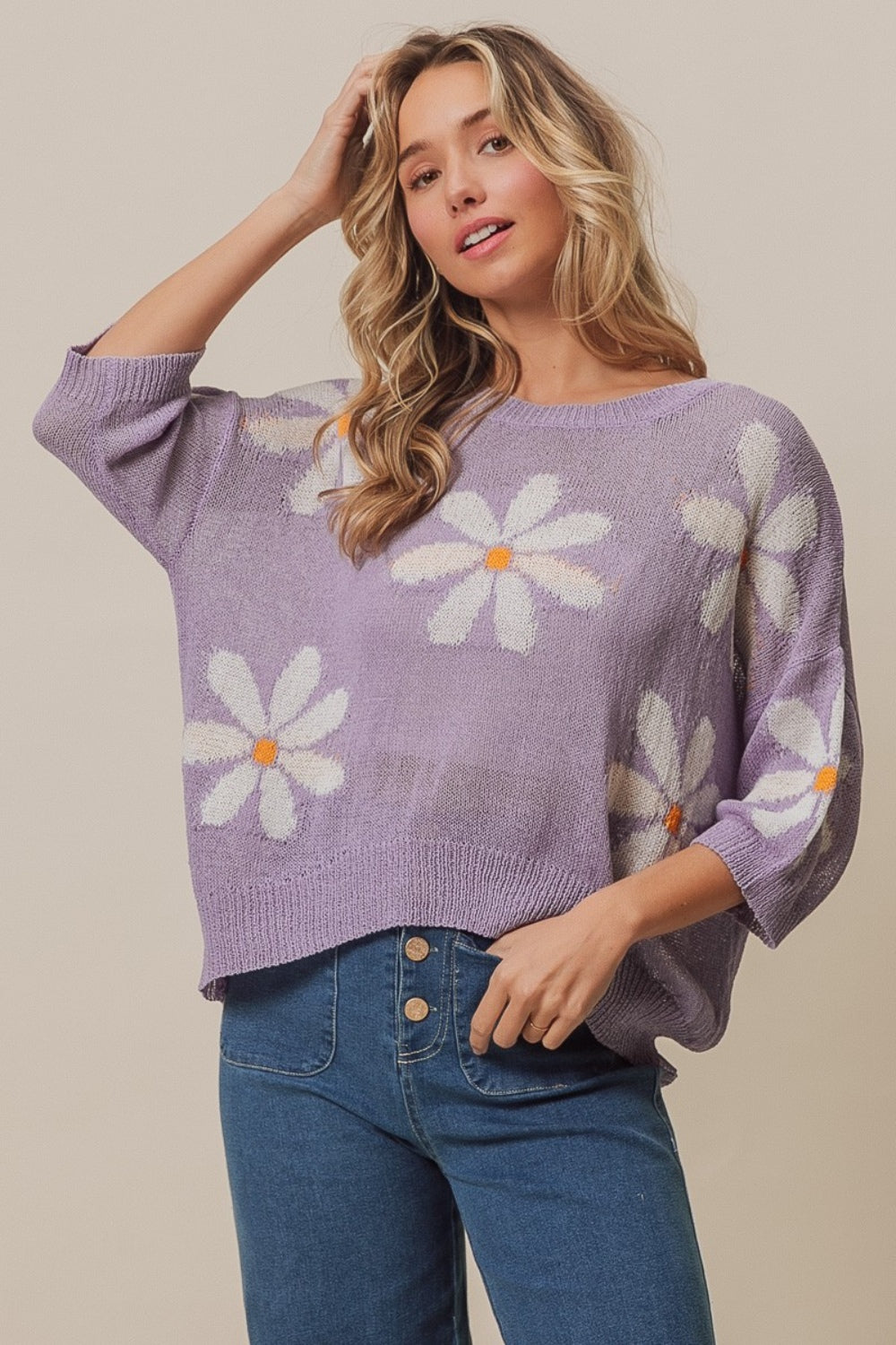 BiBi Floral Pattern Slit Sweater BiBi Floral Pattern Slit Sweater - TopFashionHQ