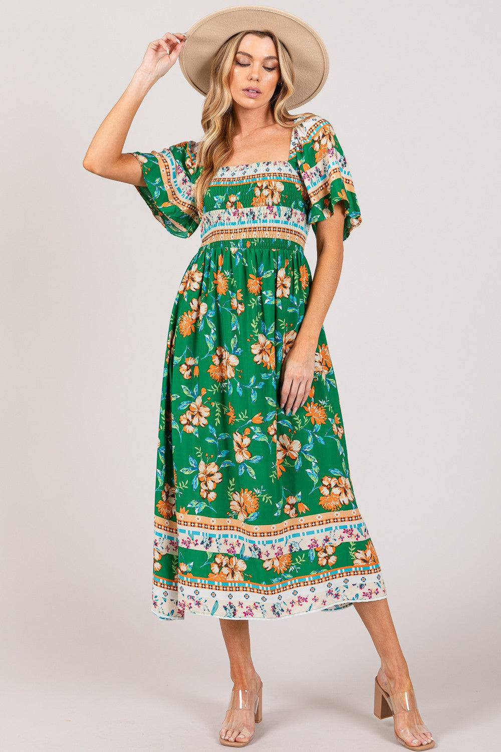 SAGE + FIG Printed Smocked Short Sleeve Midi Dress SAGE + FIG Printed Smocked Short Sleeve Midi Dress - TopFashionHQ