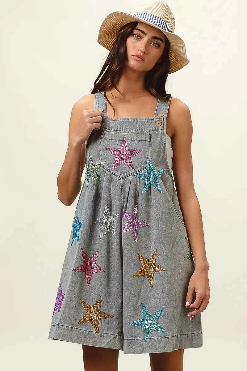 BiBi Star Rhinestone Washed Wide Leg Shortalls BiBi Star Rhinestone Washed Wide Leg Shortalls