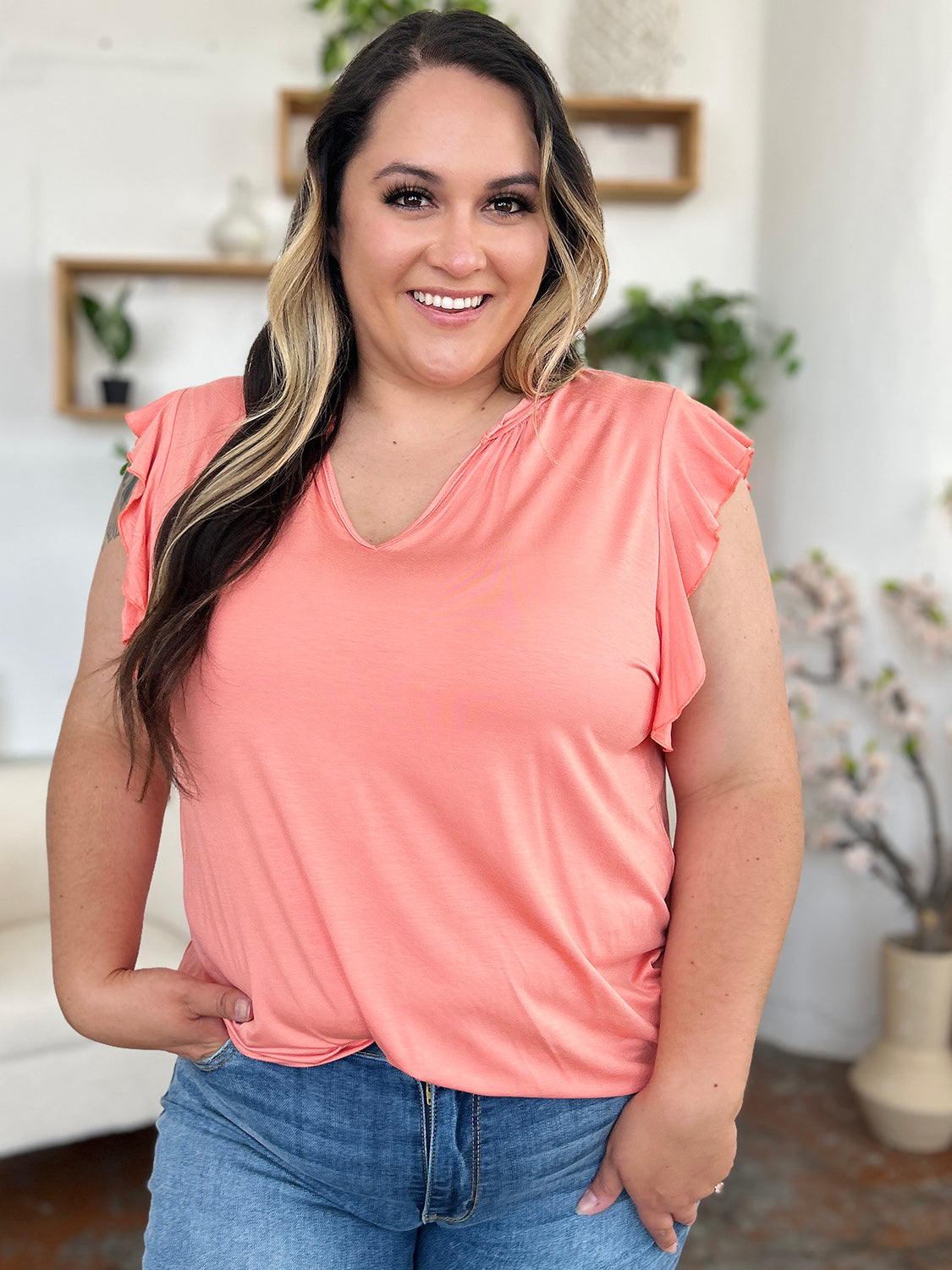 Basic Bae Full Size Bamboo Notched Ruffled Short Sleeve T-Shirt Basic Bae Full Size Bamboo Notched Ruffled Short Sleeve T-Shirt