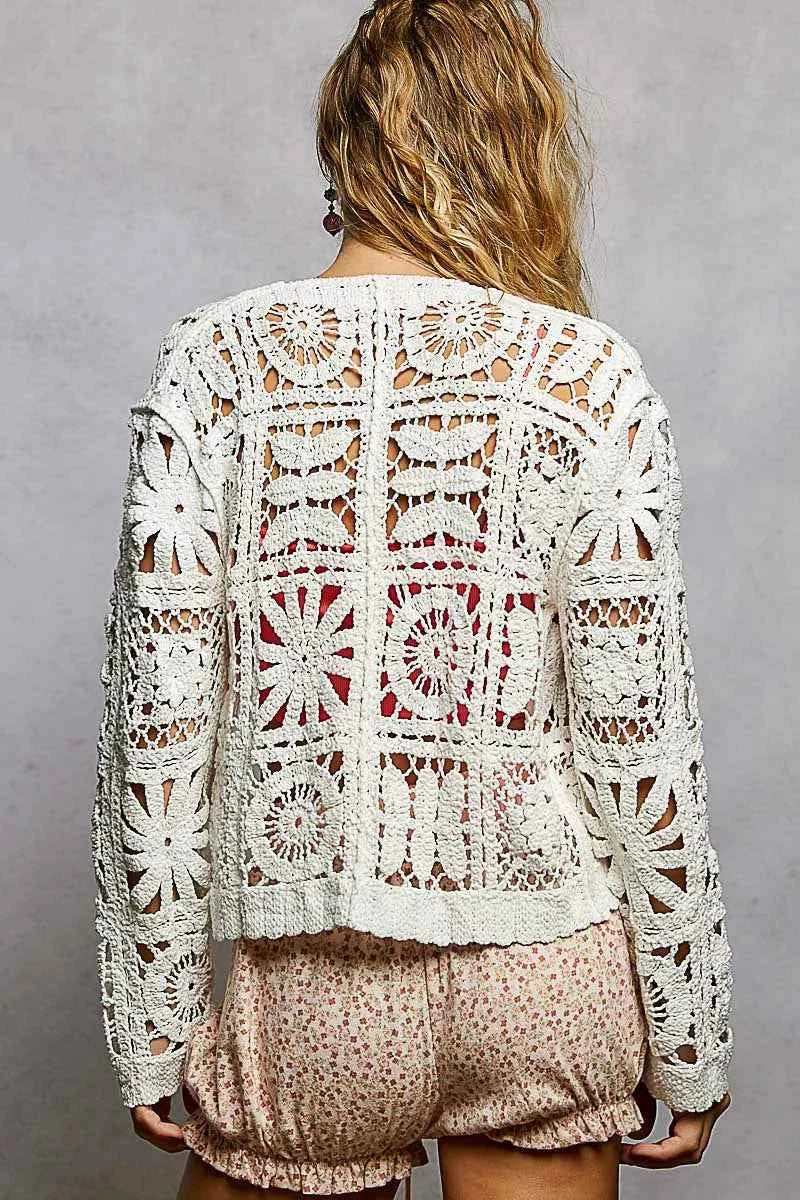 POL Button Down V-Neck Long Sleeve Cropped Crochet Cardigan POL Button Down V-Neck Long Sleeve Cropped Crochet Cardigan