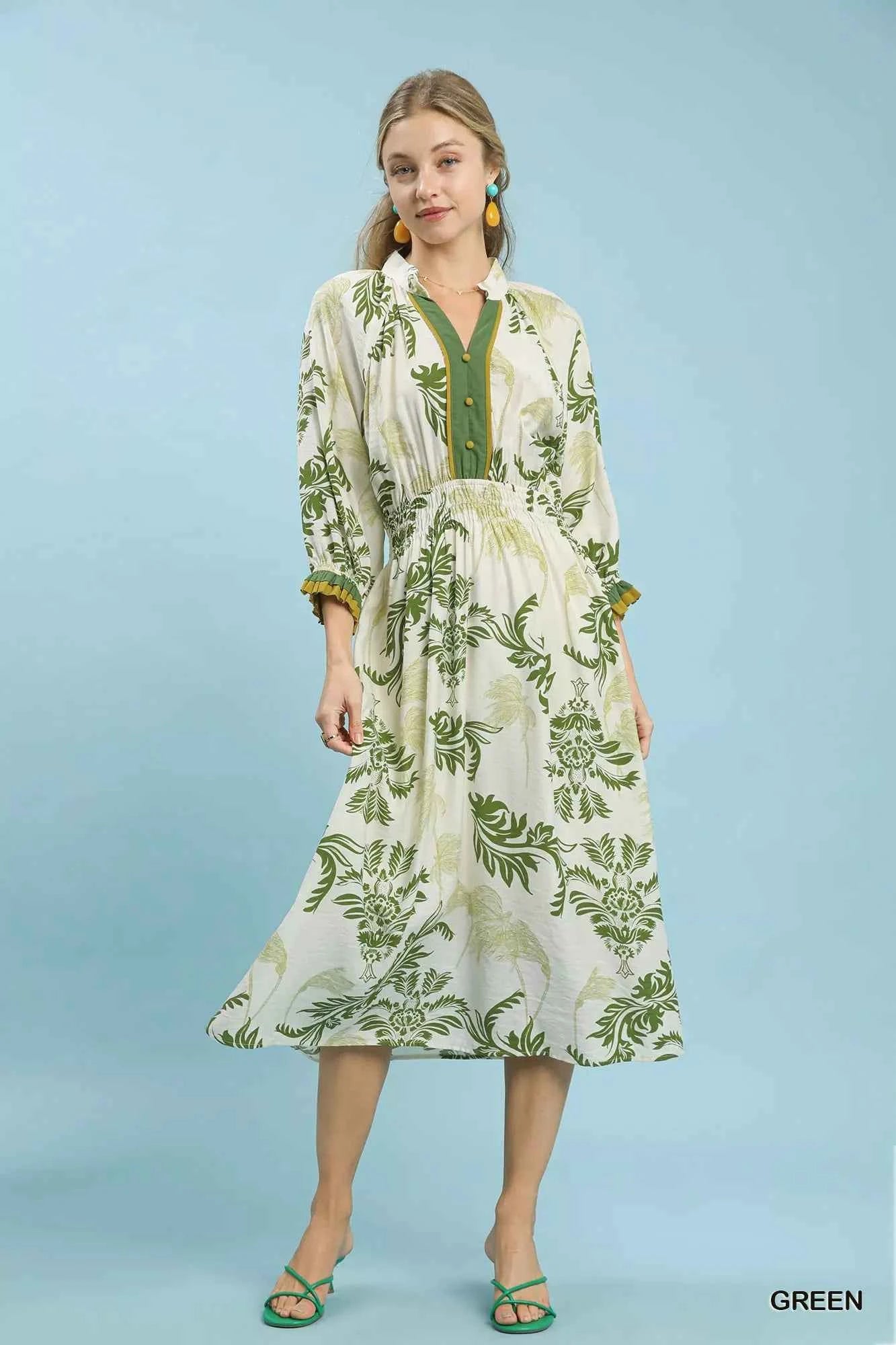 Umgee Tropical Print Button Detail Midi Dress Umgee Tropical Print Button Detail Midi Dress