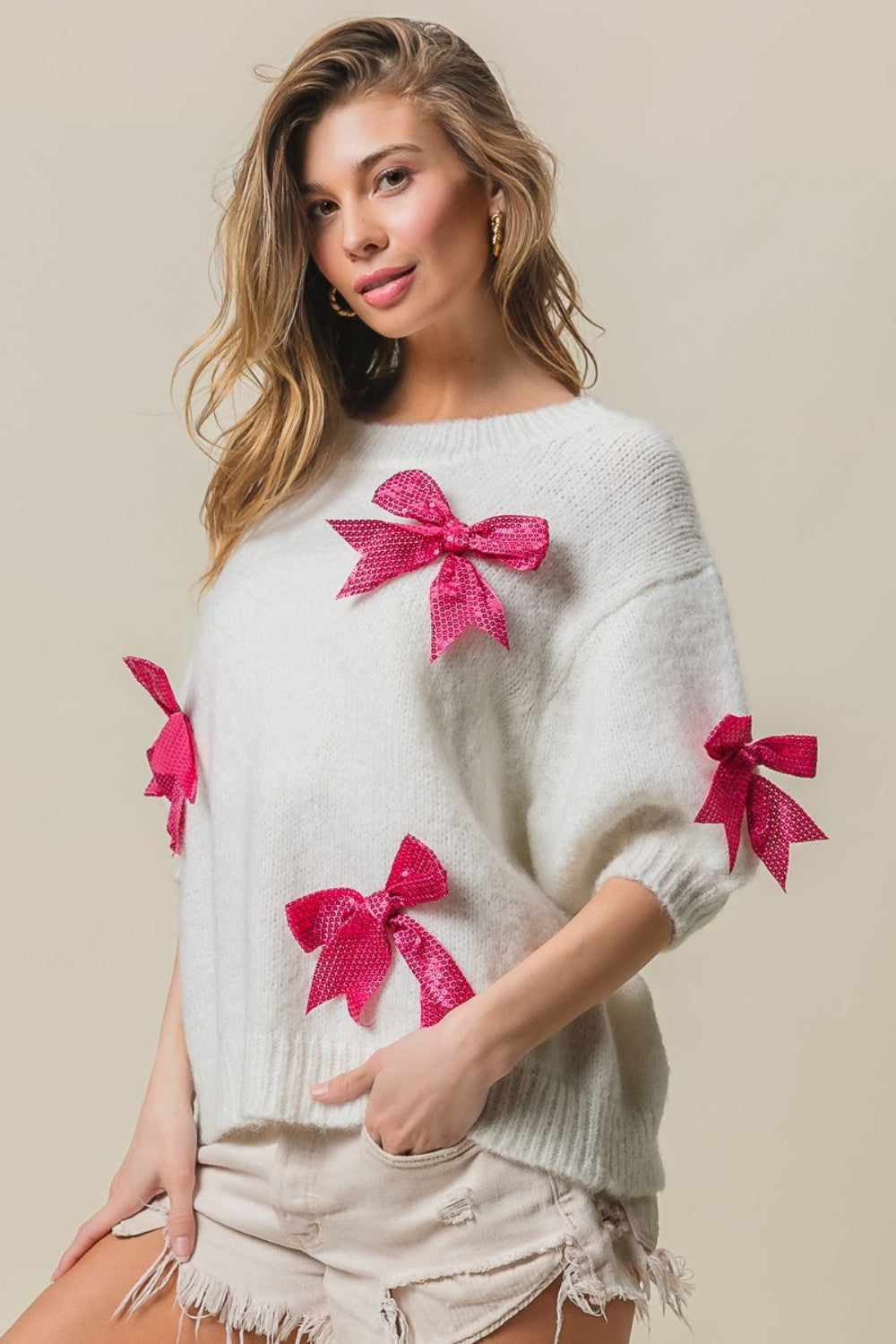BiBi Sequin Bow Puff Sleeve Sweater BiBi Sequin Bow Puff Sleeve Sweater - TopFashionHQ
