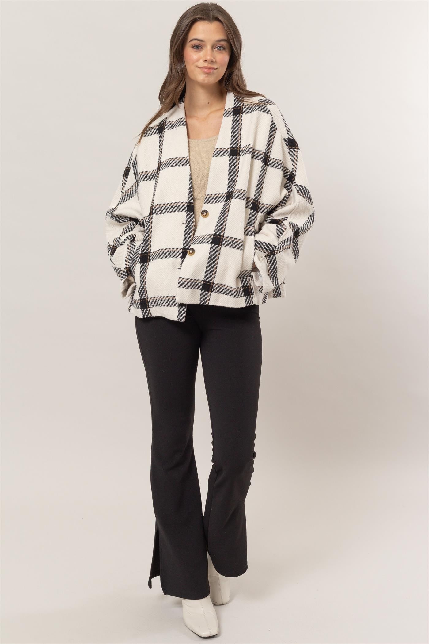 HYFVE Plaid Long Sleeve Jacket with Side Slit Pockets HYFVE Plaid Long Sleeve Jacket with Side Slit Pockets