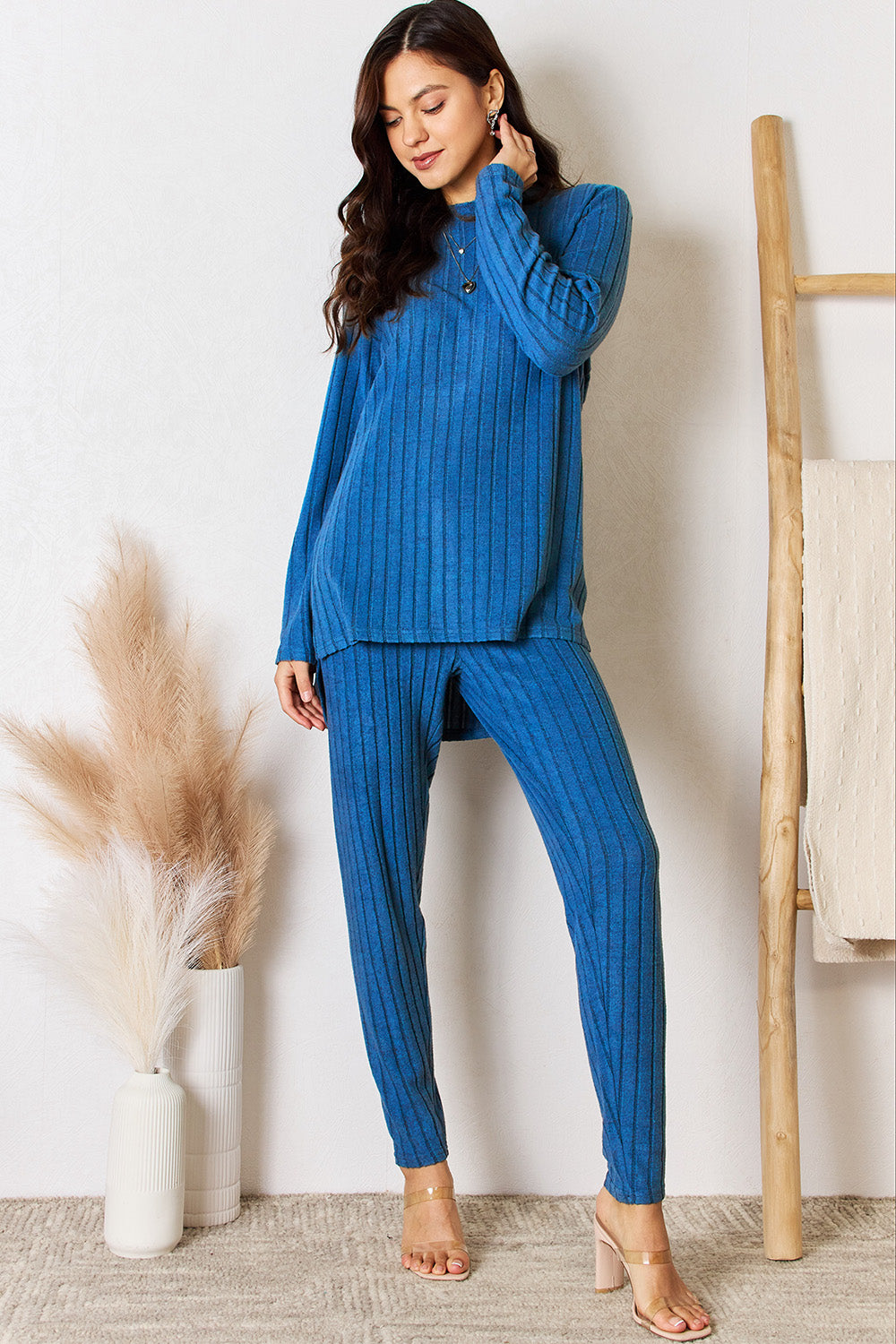 Basic Bae Full Size Ribbed Round Neck High-Low Slit Top and Pants Set Basic Bae Full Size Ribbed Round Neck High-Low Slit Top and Pants Set - TopFashionHQ