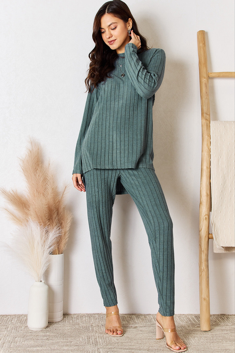 Basic Bae Full Size Ribbed Round Neck High-Low Slit Top and Pants Set Basic Bae Full Size Ribbed Round Neck High-Low Slit Top and Pants Set - TopFashionHQ