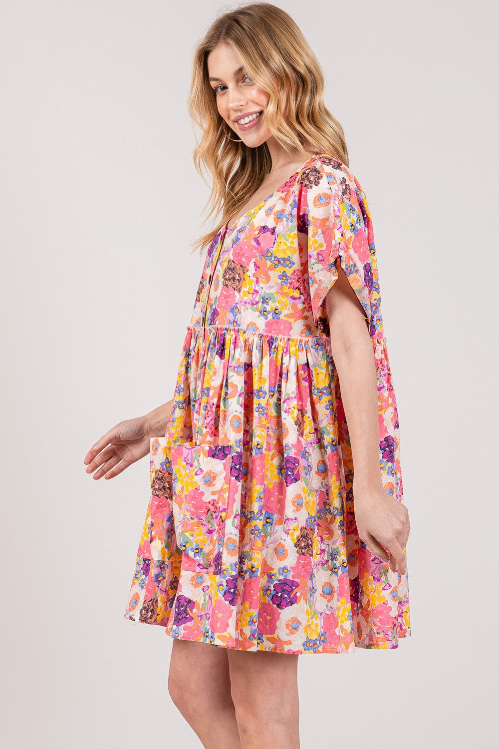 SAGE + FIG Floral Short Sleeve Babydoll Dress with Pockets SAGE + FIG Floral Short Sleeve Babydoll Dress with Pockets - TopFashionHQ