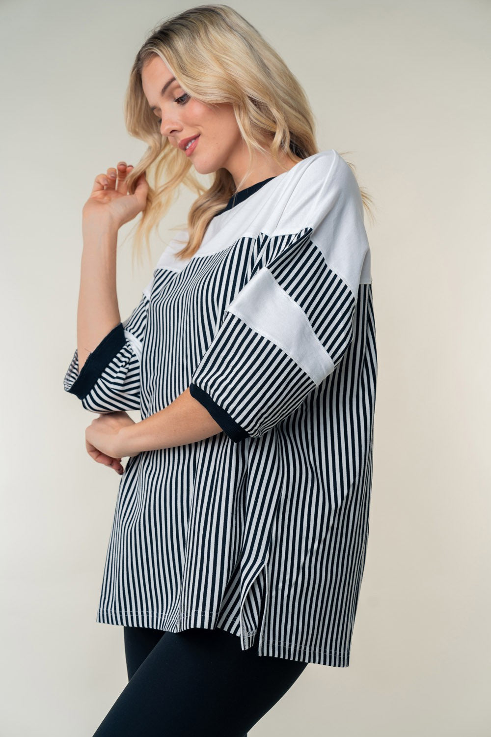 White Birch Full Size Striped Contrast Round Neck Top White Birch Full Size Striped Contrast Round Neck Top - TopFashionHQ