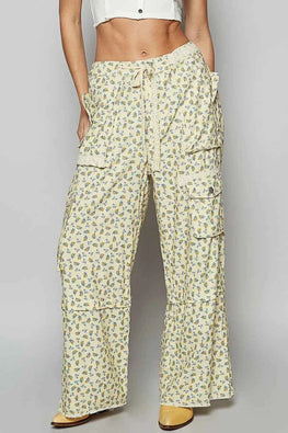 POL Floral Cargo Wide Leg Pants with Lace Drawstring