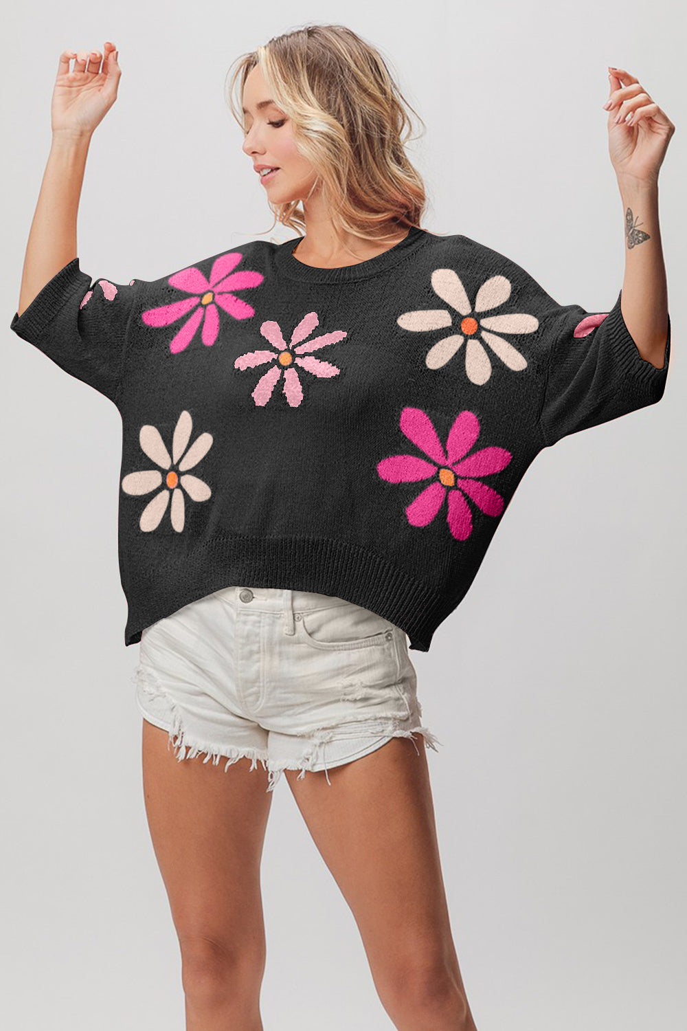 BiBi Floral Pattern Cropped Sweater BiBi Floral Pattern Cropped Sweater - TopFashionHQ