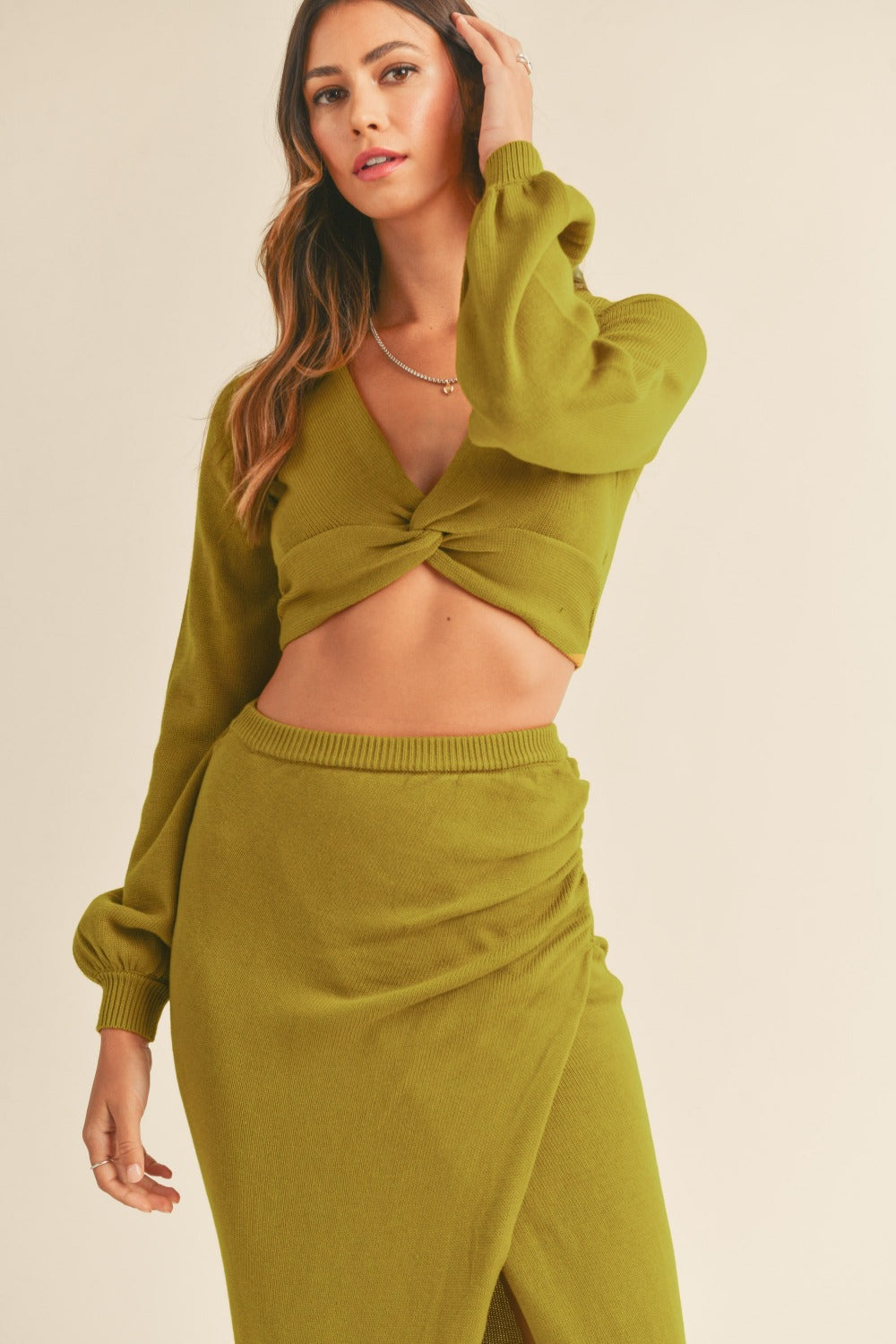 MABLE Front Twisted Knit Top and Midi Skirt Set MABLE Front Twisted Knit Top and Midi Skirt Set