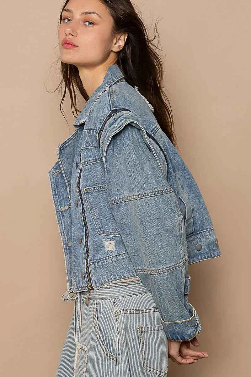POL Cropped Denim Jacket with Functional Zipper Detail POL Cropped Denim Jacket with Functional Zipper Detail