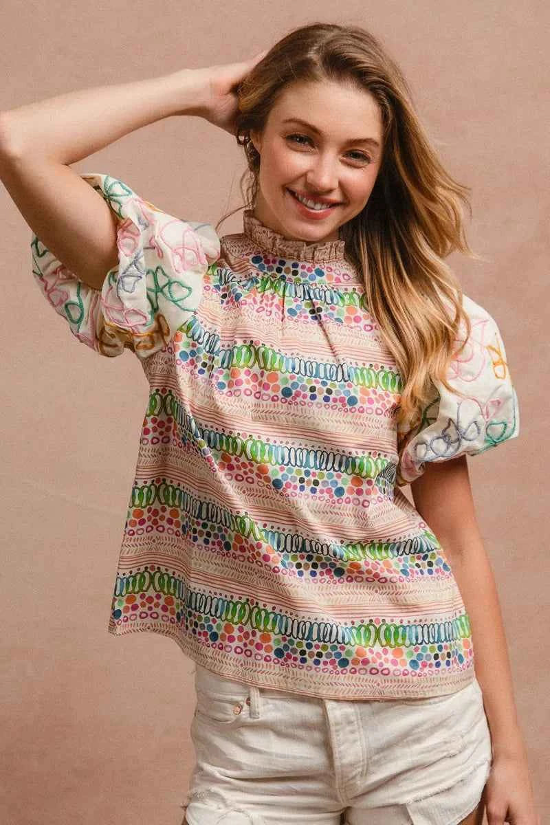 BiBi Ruffle Neckline Blouse With Embroidery Bubble Sleeve BiBi Ruffle Neckline Blouse With Embroidery Bubble Sleeve