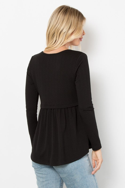 Be Stage Full Size Texture Babydoll Round Neck Long Sleeve Knit Top Be Stage Full Size Texture Babydoll Round Neck Long Sleeve Knit Top - TopFashionHQ