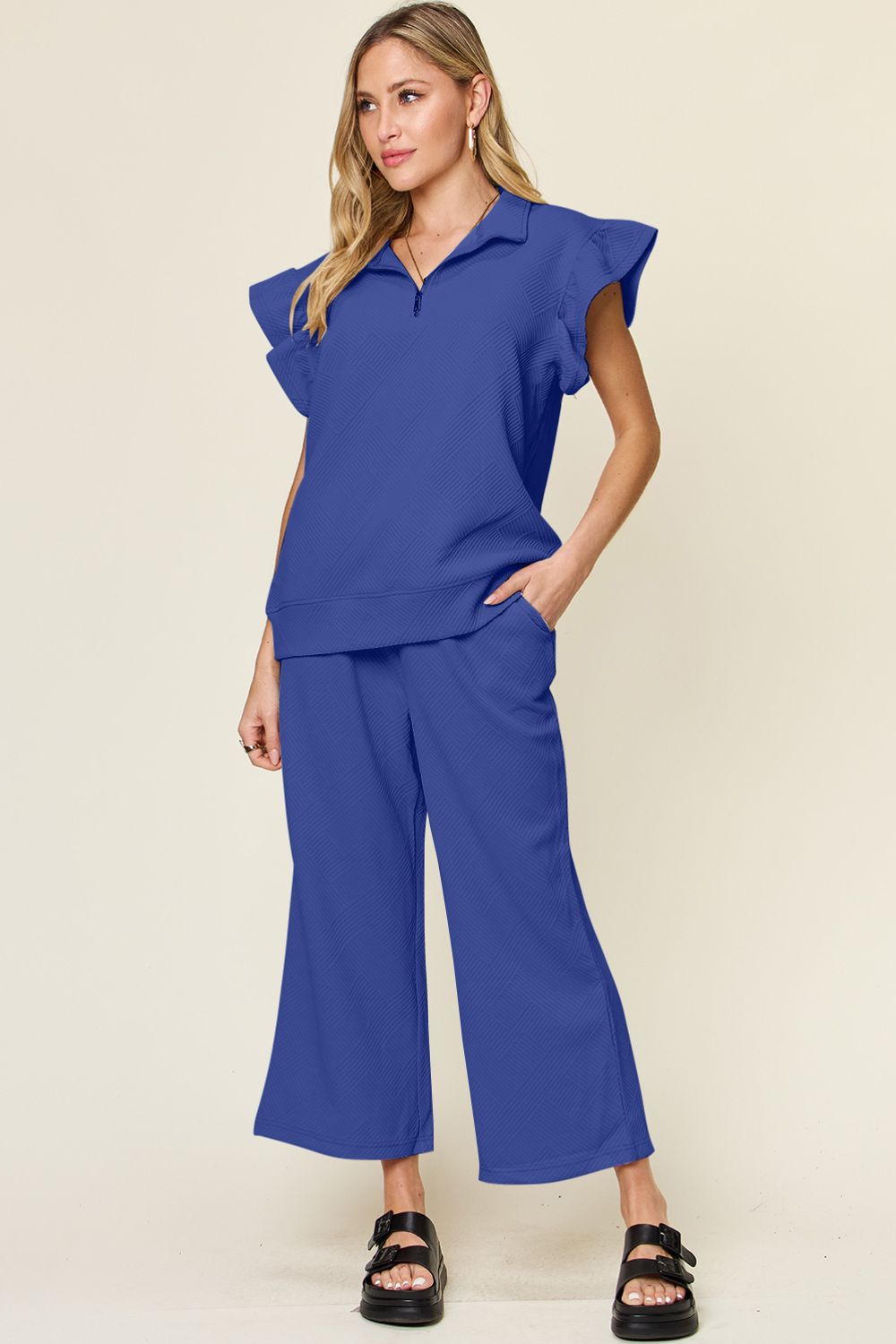 Double Take Texture Ruffle Short Sleeve Top and Drawstring Wide Leg Pants Set Double Take Texture Ruffle Short Sleeve Top and Drawstring Wide Leg Pants Set
