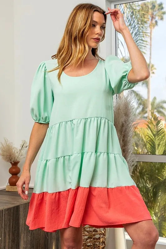 BiBi Two-Tone Balloon Sleeves U Neck Tiered Ruffle Hem Mini Dress da179b0699ea4cb5900245e1957615f2-Max-Origin