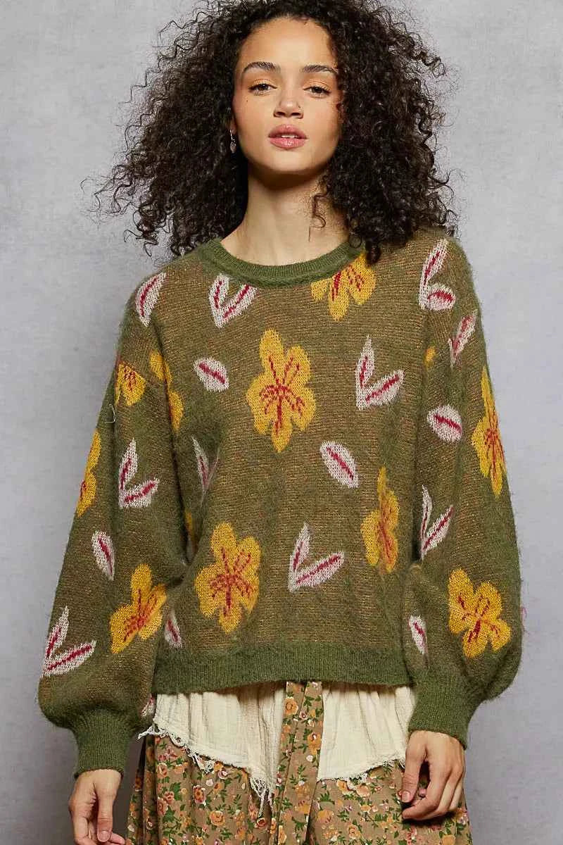 POL Floral Pattern Round Neck Balloon Sleeve Sweater POL Floral Pattern Round Neck Balloon Sleeve Sweater