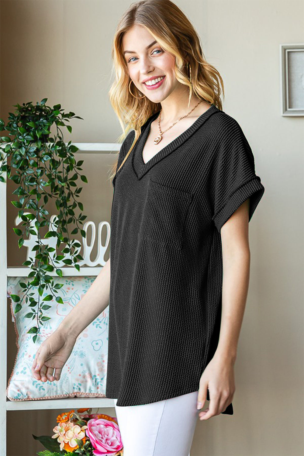 Heimish Full Size Front Pocket Short Sleeve Ribbed Top Heimish Full Size Front Pocket Short Sleeve Ribbed Top - TopFashionHQ