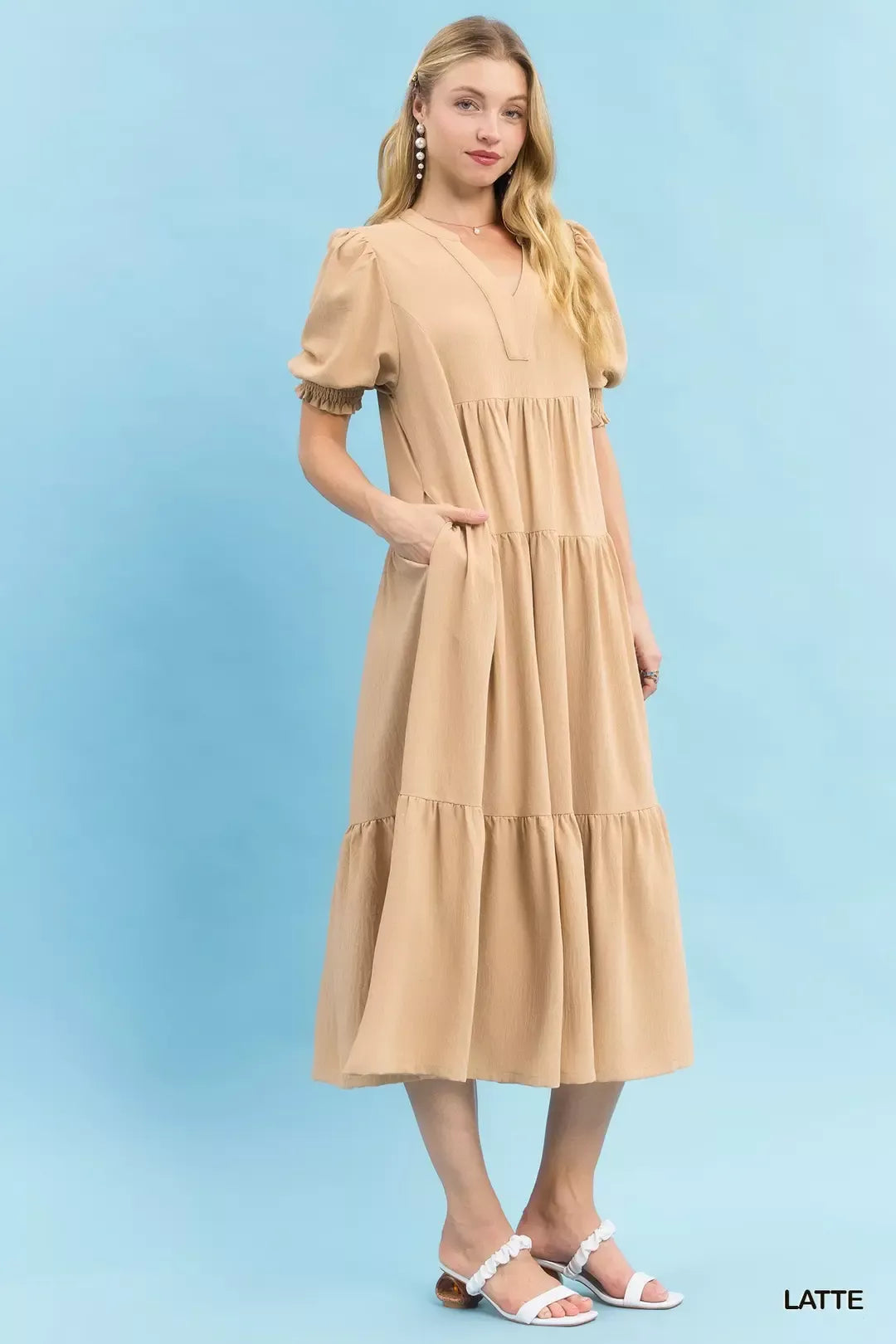 Umgee V-Neck Puff Sleeve Tiered Midi Dress da399180-57c8-4c0b-8784-364e95bb1bd5-Max-Origin