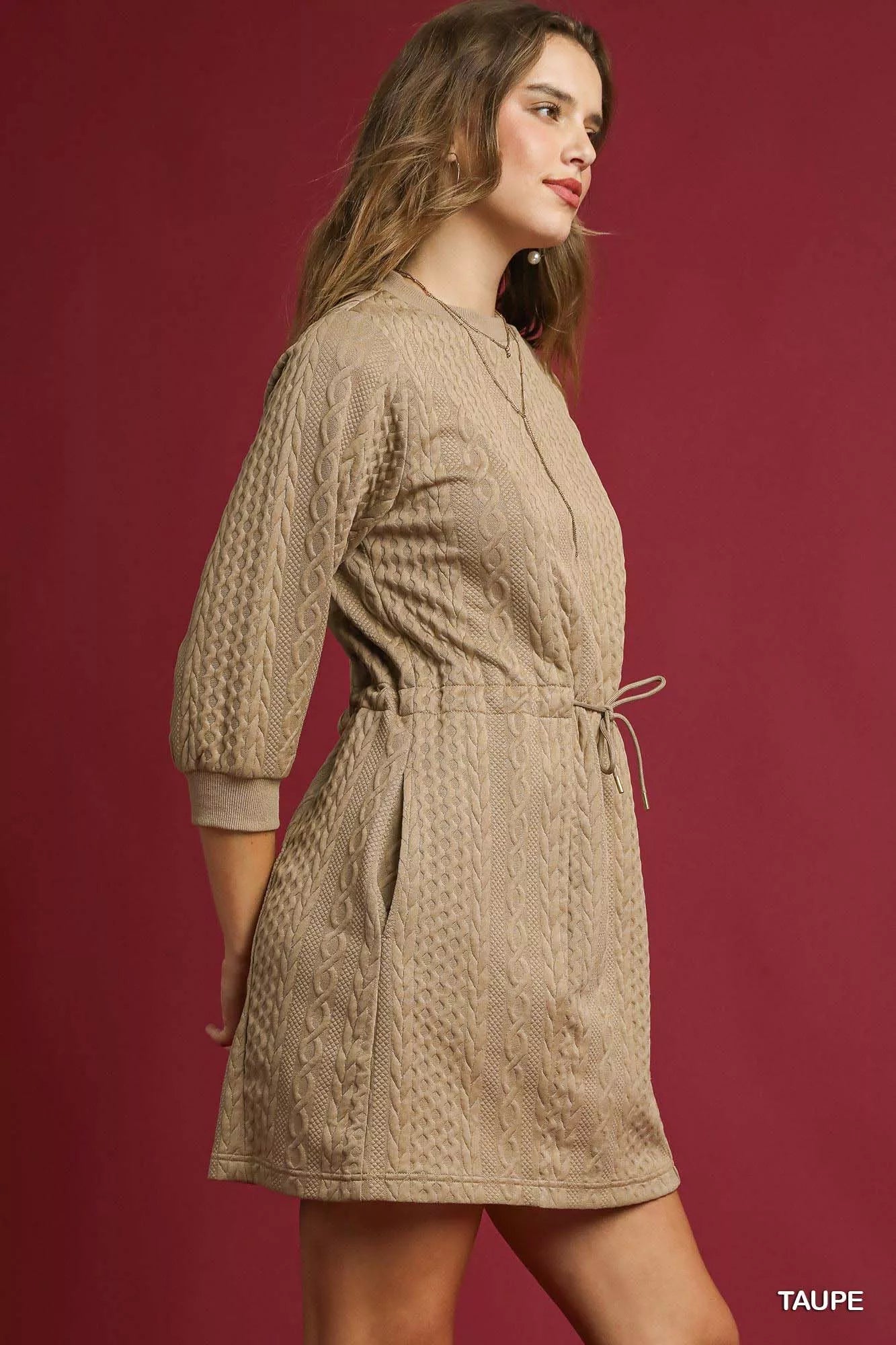 Umgee Drawstring Cable Knit Mini Dress with Pockets da4eb731-0832-4030-a571-4b3e911819d5-Max-Origin