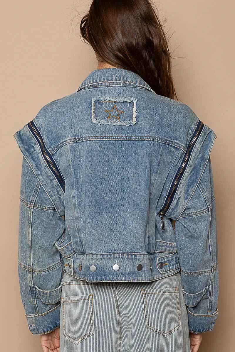 POL Cropped Denim Jacket with Functional Zipper Detail POL Cropped Denim Jacket with Functional Zipper Detail