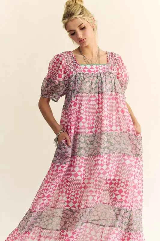 Davi & Dani Multi Floral Square Neck Puff Sleeve Maxi Dress Davi & Dani Multi Floral Square Neck Puff Sleeve Maxi Dress