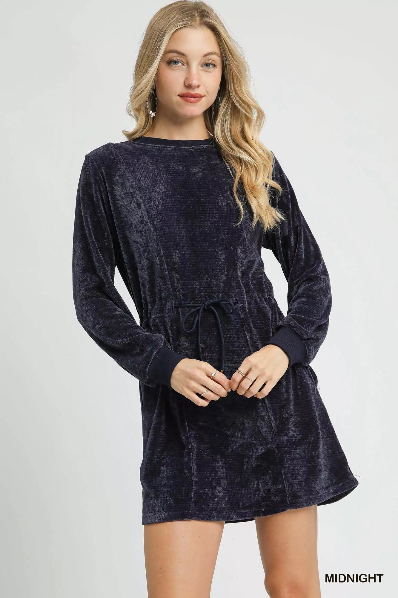 Umgee Velour Drawstring Mini Dress with Long Sleeves dab09408-4aa3-4a24-b8f3-238f45c7dc66-Max-Origin