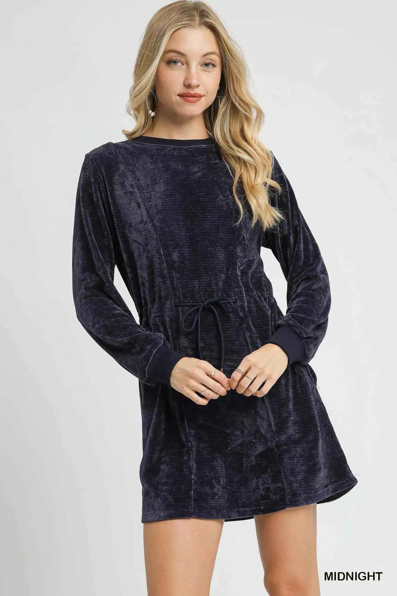 Umgee Velour Drawstring Mini Dress with Long Sleeves Umgee Velour Drawstring Mini Dress with Long Sleeves