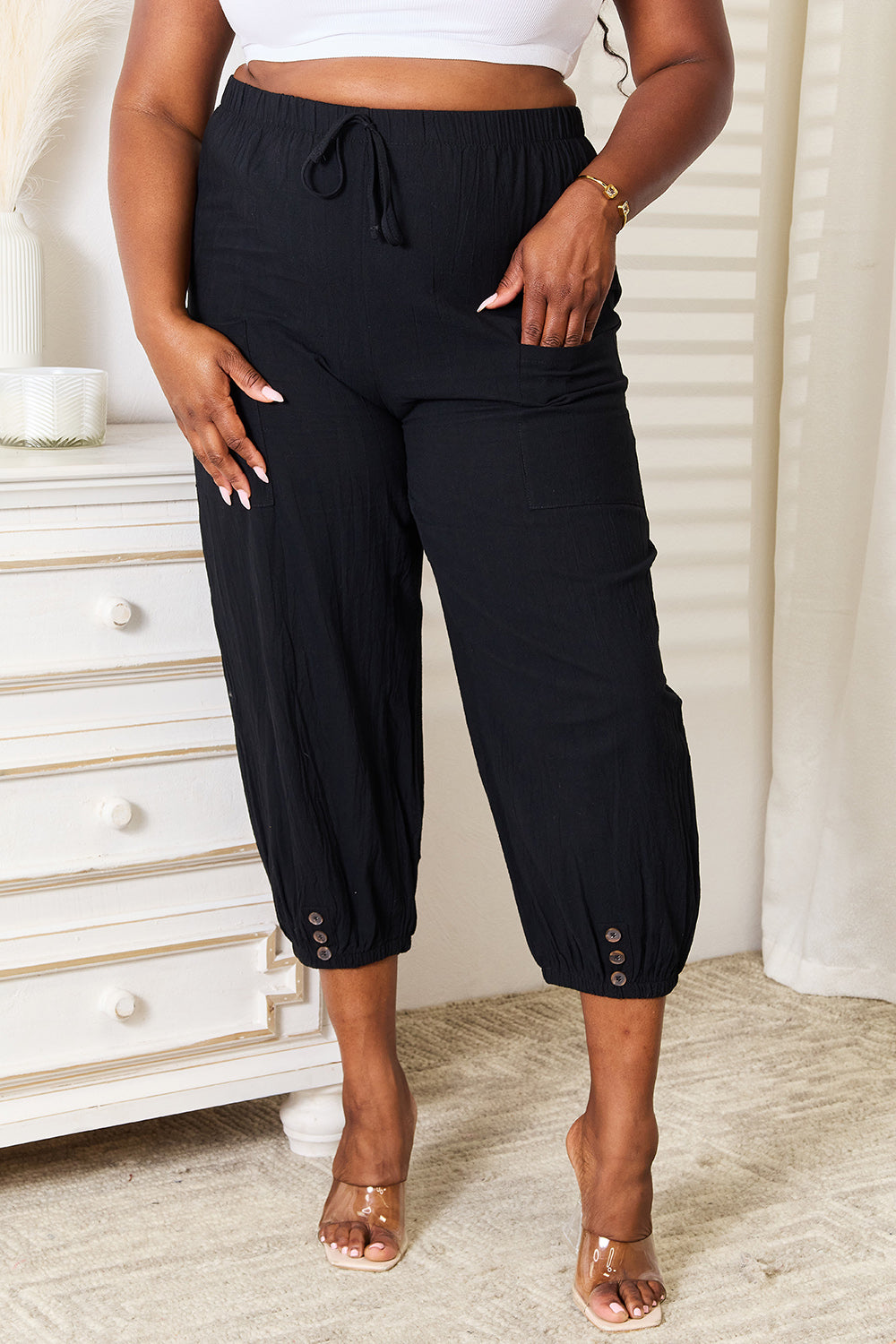 Double Take Decorative Button Cropped Pants Double Take Decorative Button Cropped Pants - TopFashionHQ