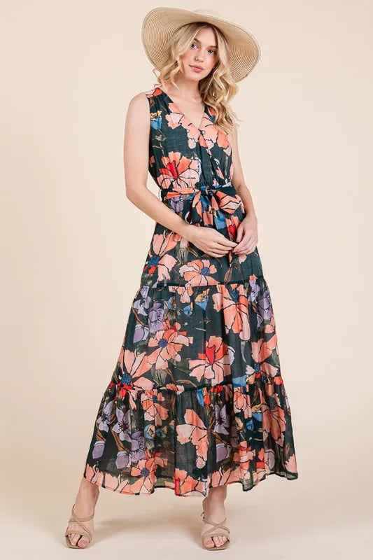 Lime 'N' Chili Floral Print Sleeveless Tie Waist Maxi Dress dac408ed7a0042adb39730bd78153182-Max-Origin