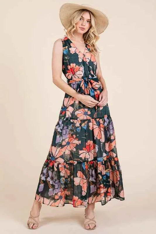 Lime 'N' Chili Floral Print Sleeveless Tie Waist Maxi Dress Lime 'N' Chili Floral Print Sleeveless Tie Waist Maxi Dress