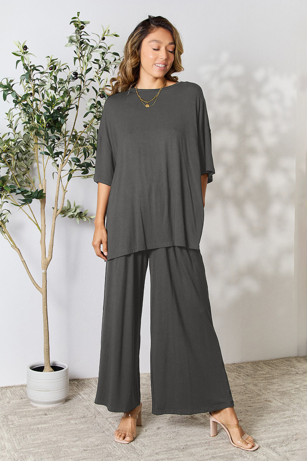 Double Take Full Size Round Neck Slit Top and Pants Set Double Take Full Size Round Neck Slit Top and Pants Set - TopFashionHQ