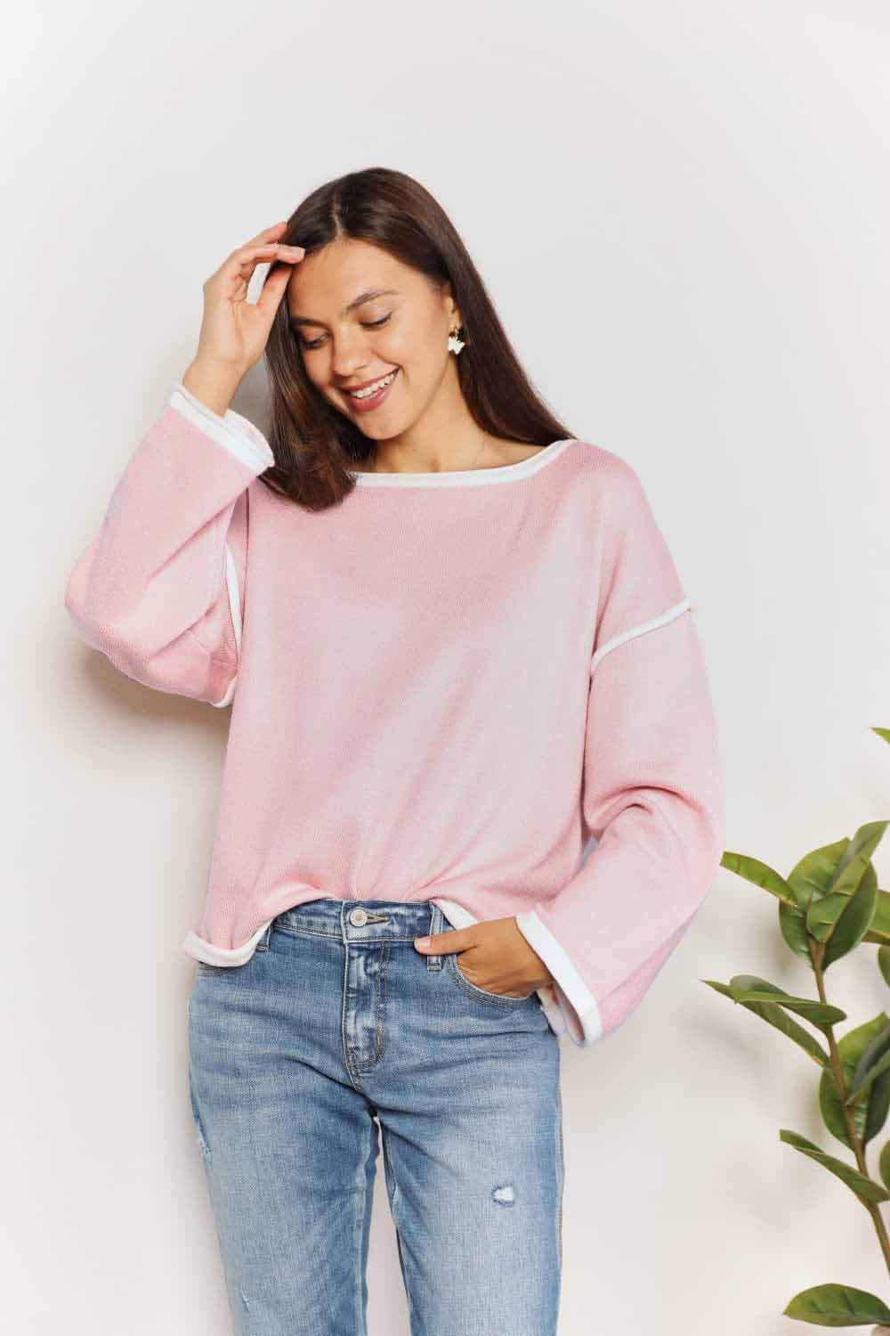 Double Take Contrast Detail Dropped Shoulder Knit Top Double Take Contrast Detail Dropped Shoulder Knit Top - TopFashionHQ