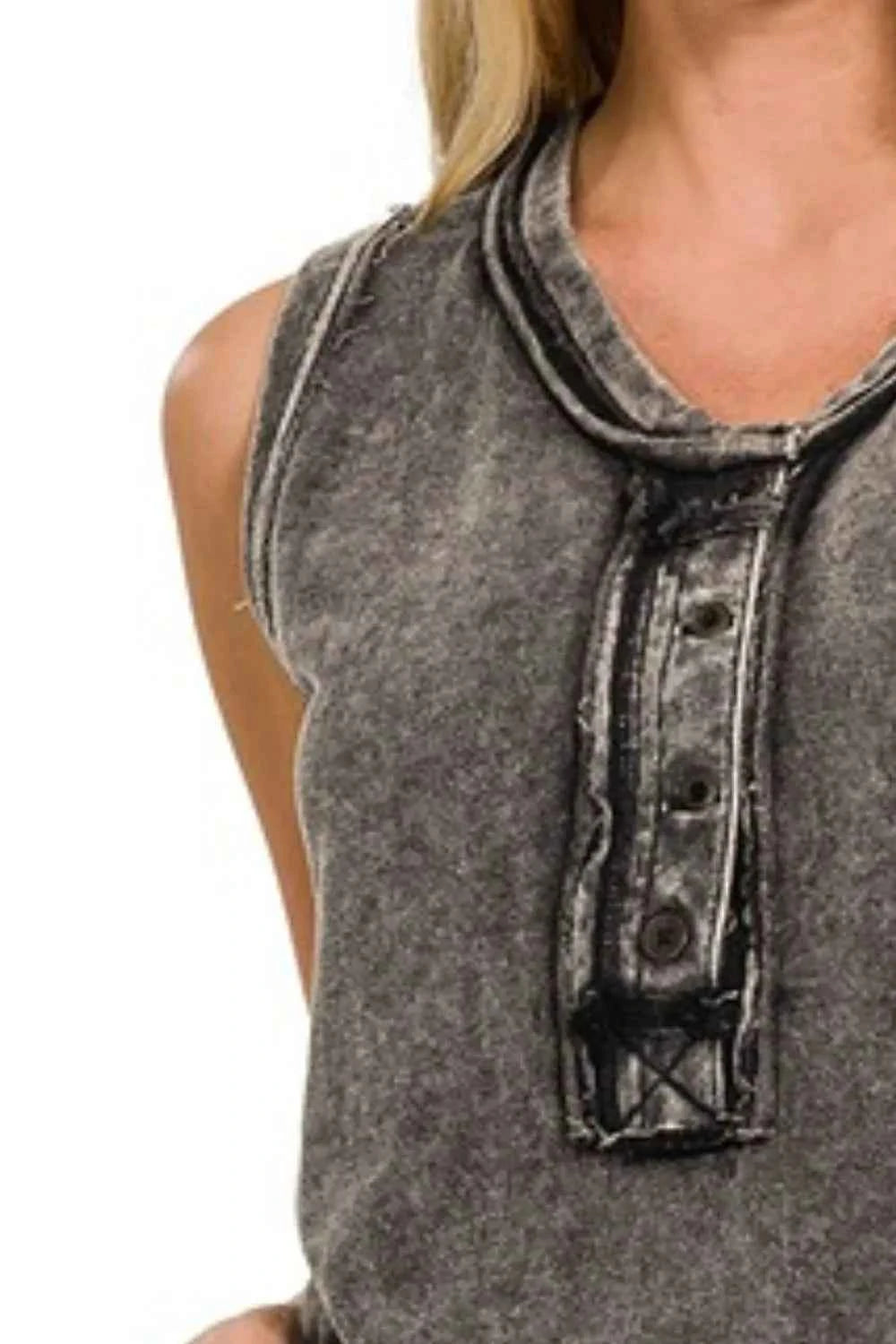 Zenana Washed Half-Button Raw Edge Sleeveless Henley Top Zenana Washed Half-Button Raw Edge Sleeveless Henley Top