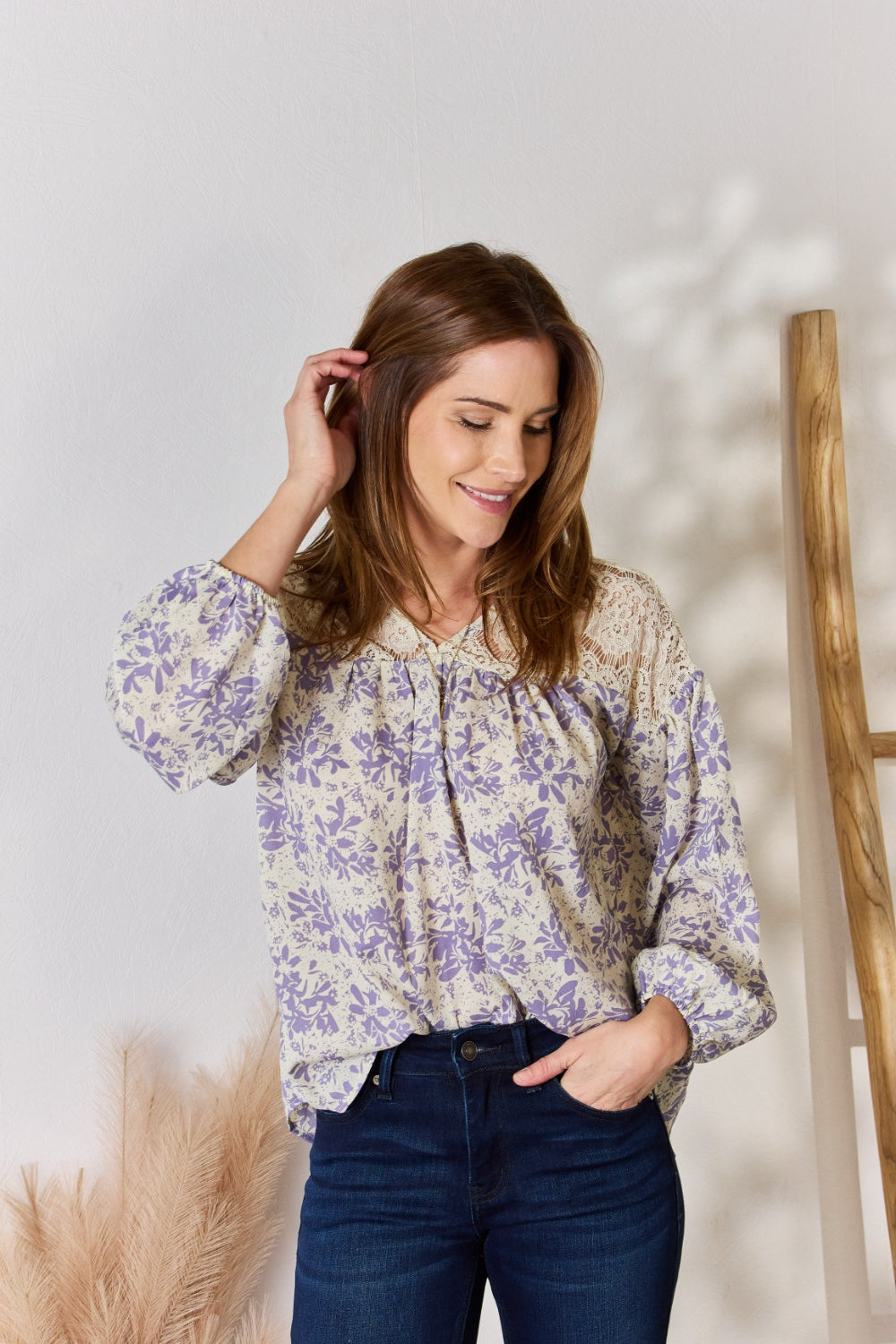 Hailey & Co Full Size Lace Detail Printed Blouse Hailey & Co Full Size Lace Detail Printed Blouse - TopFashionHQ